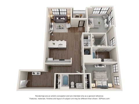 Floor plan for 2 beds, 2 baths, 1259 sqft